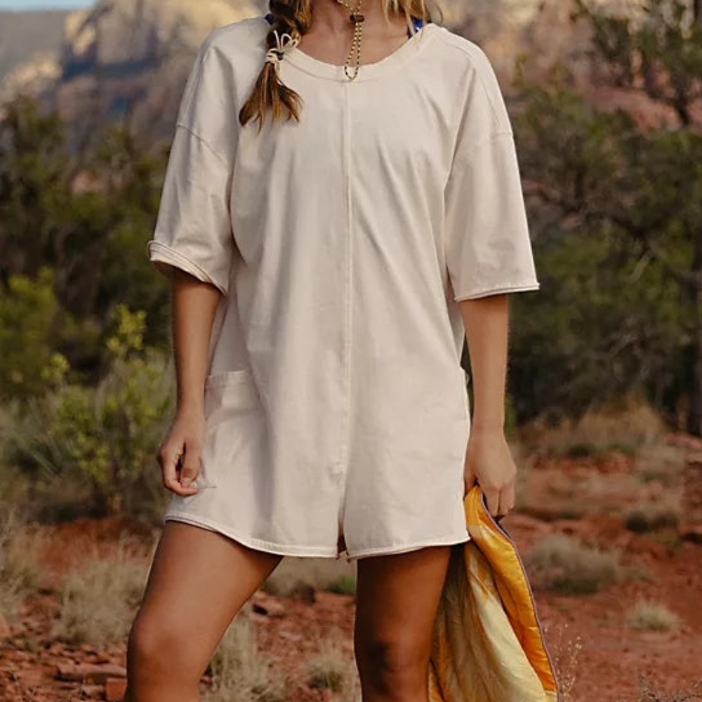 Free People Hot Shot Cotton Tee Romper BLEACHED CLAY